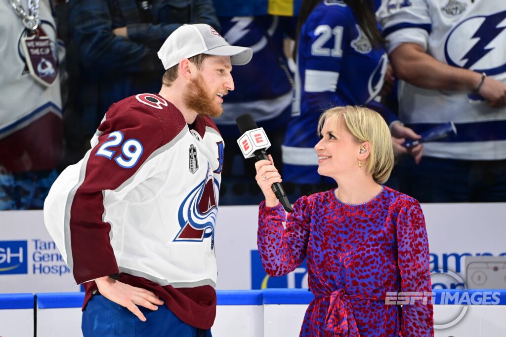 Emily Kaplan interviews Colorado Avalanche forward Nathan MacKinnon after the team's 2022 Stanley Cup victory.