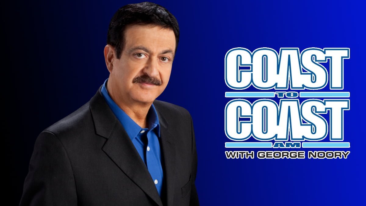 A photo of George Noory and the Coast to Coast AM logo