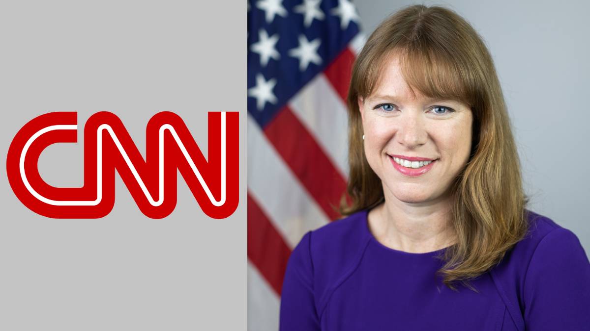 A photo of Kate Bedingfield and the CNN logo