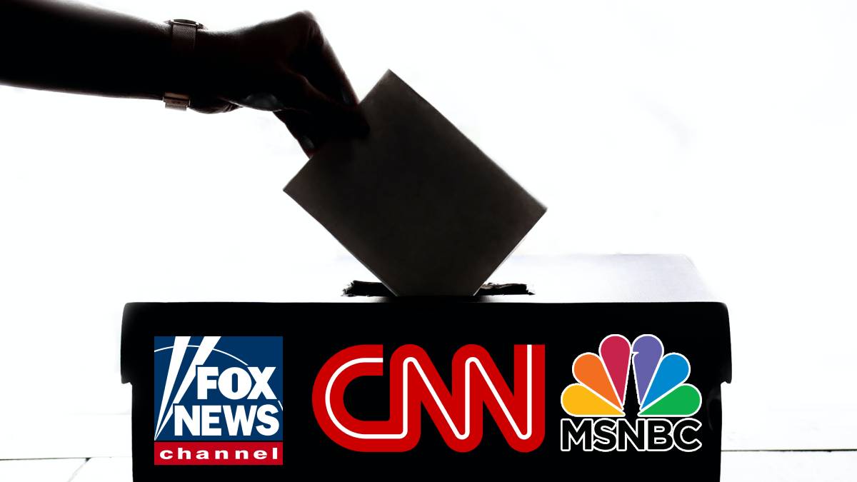 A photo of a ballot box and the Fox News, CNN, and MSNBC logos