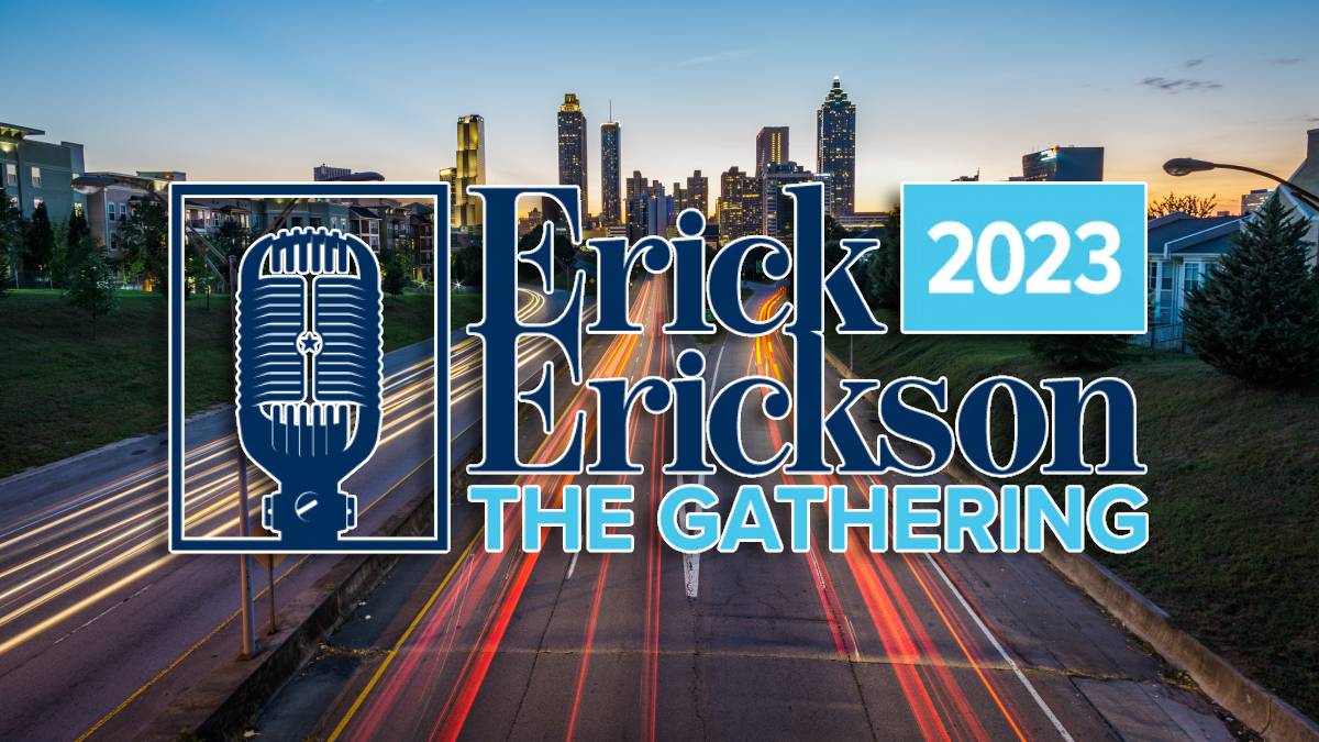 A photo of the Erick Erickson The Gathering logo on top of a photo of downtown Atlanta