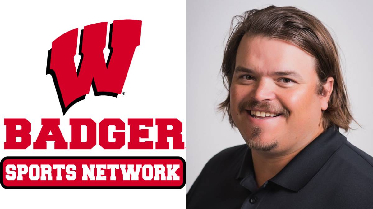 A photo of Mark Tauscher and the Badger Sports Network logo