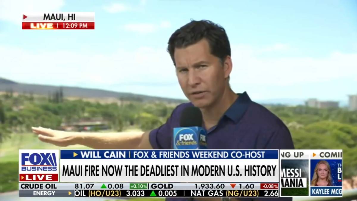 A photo of Will Cain reporting from Maui