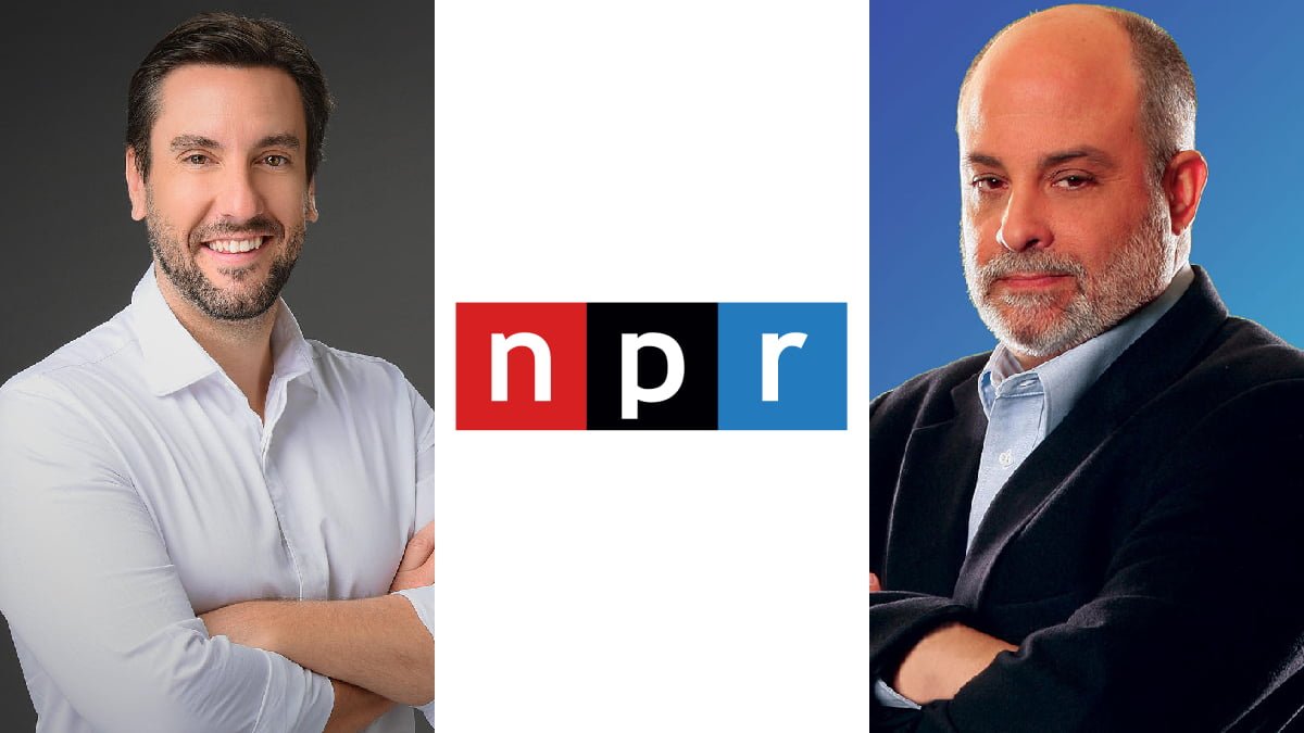 A photo of Clay Travis, the NPR logo, and Mark Levin