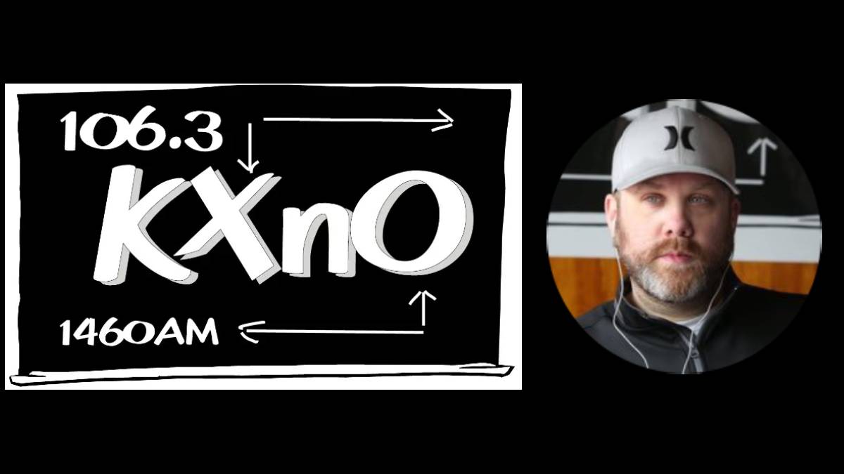 A photo of the KXNO logo and Andrew Downs