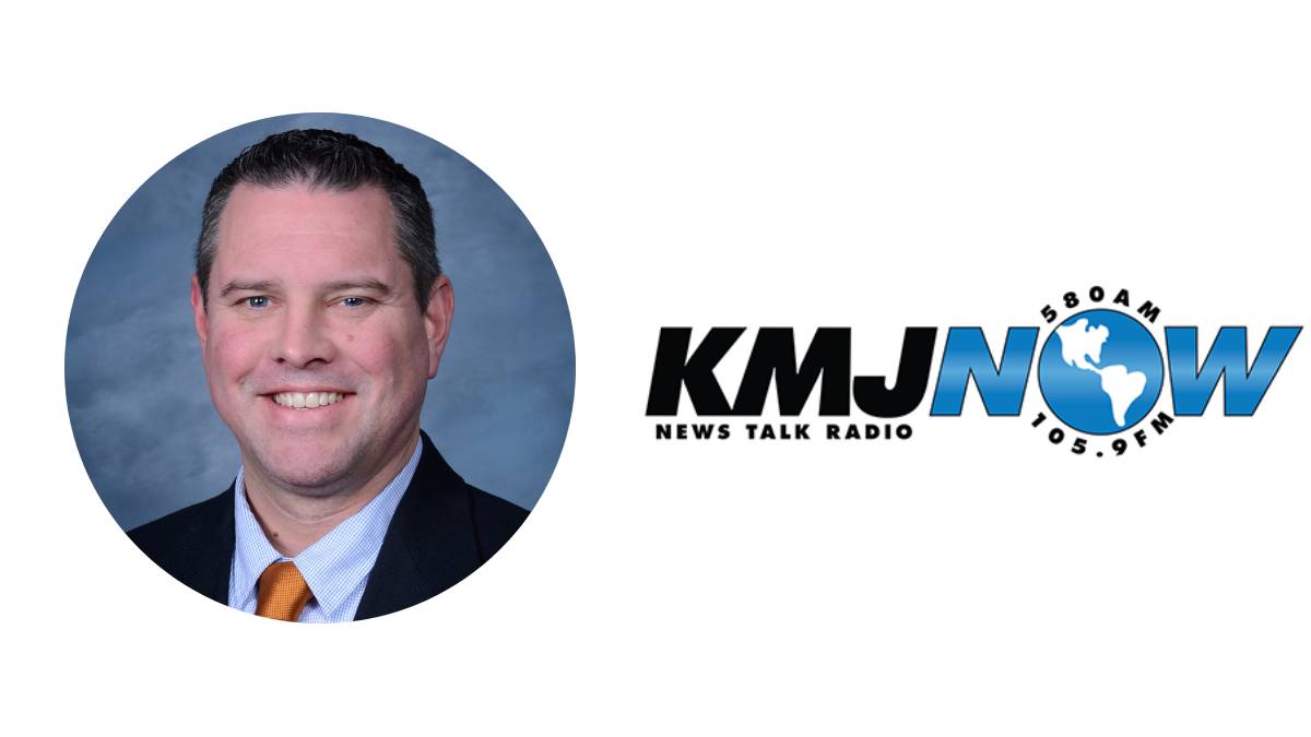 A photo of Blake Taylor and the KMJ logo