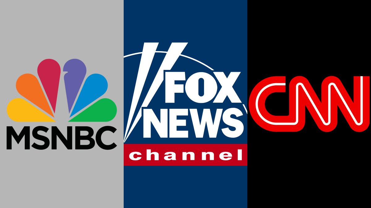 A photo of the MSNBC, Fox News, and CNN logos