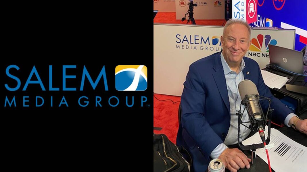 A photo of Mike Gallagher and the Salem Media Group logo