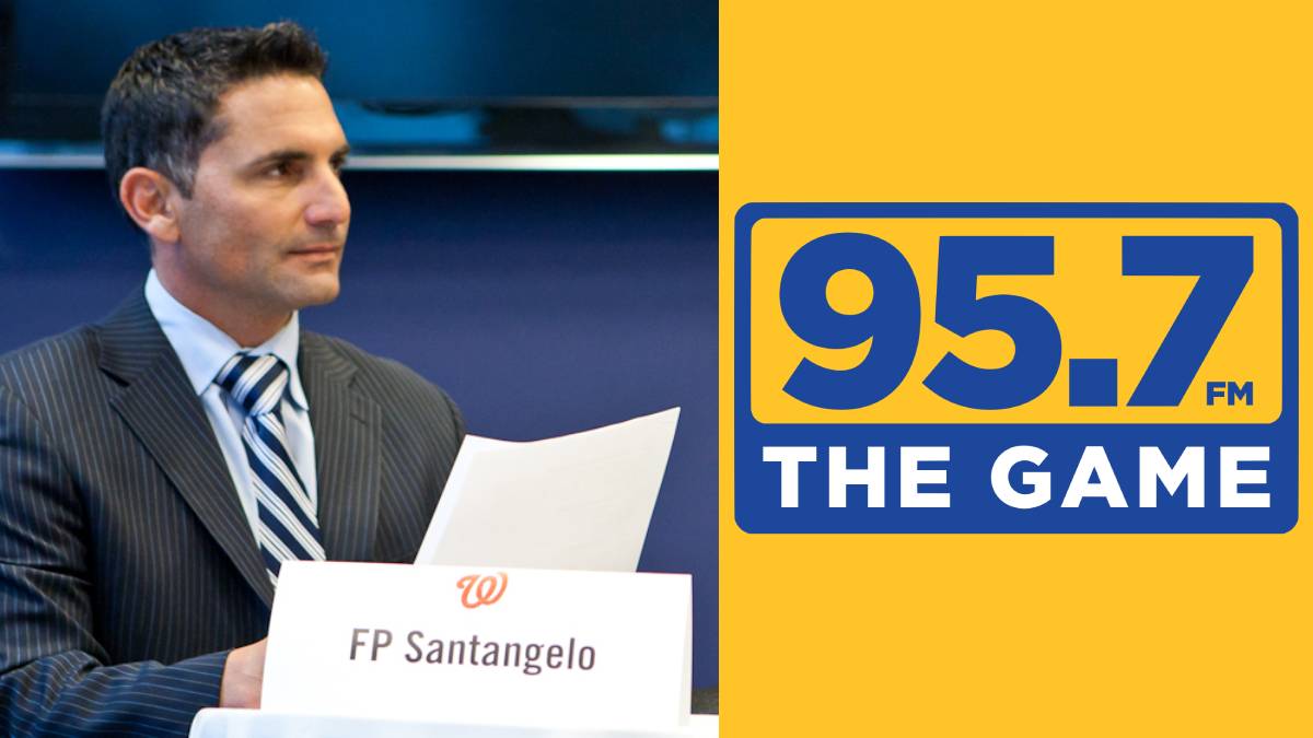 A photo of F.P. Santangelo and the 95.7 The Game logo