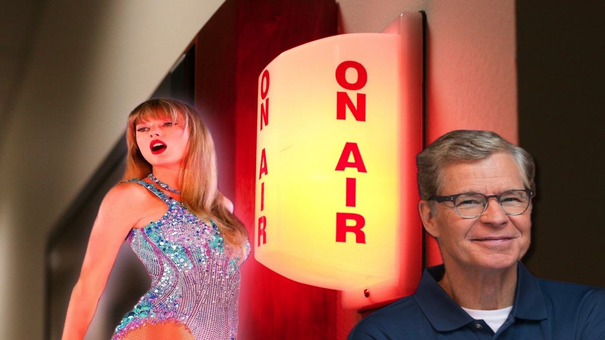 Taylor Swift and Dan Patrick in front of an on air light