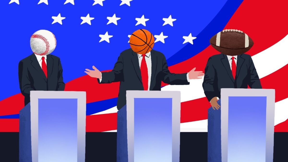 A cartoon depicting political candidates talking sports