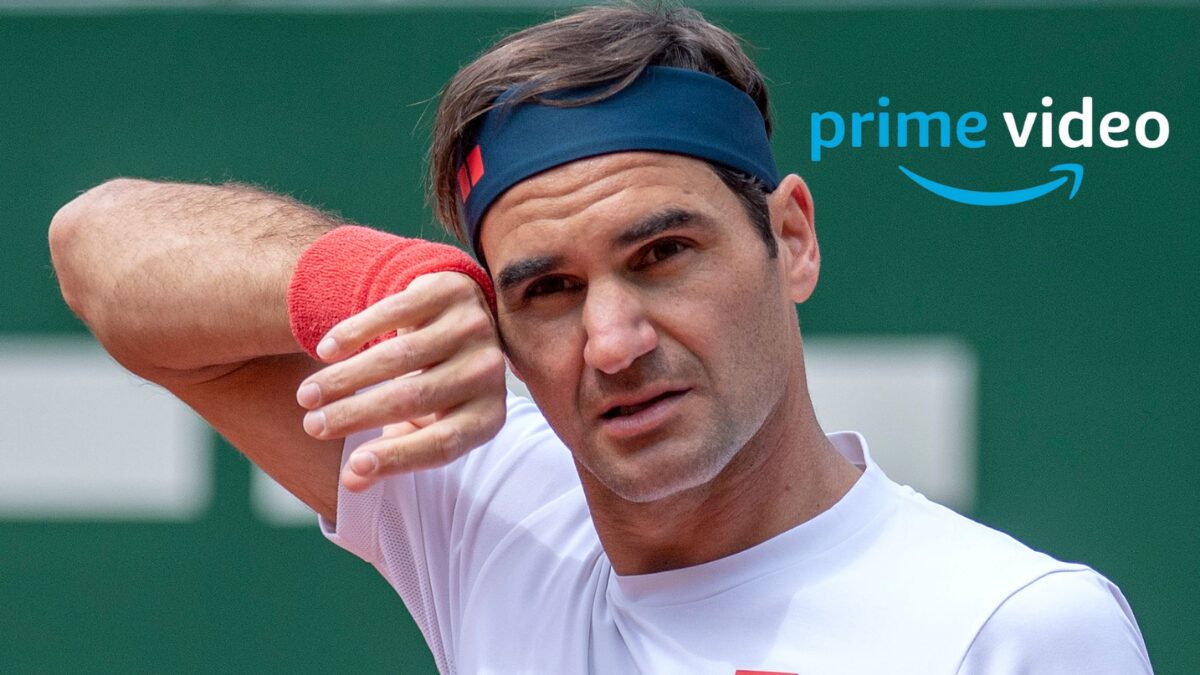 Roger Federer with the Prime Video logo