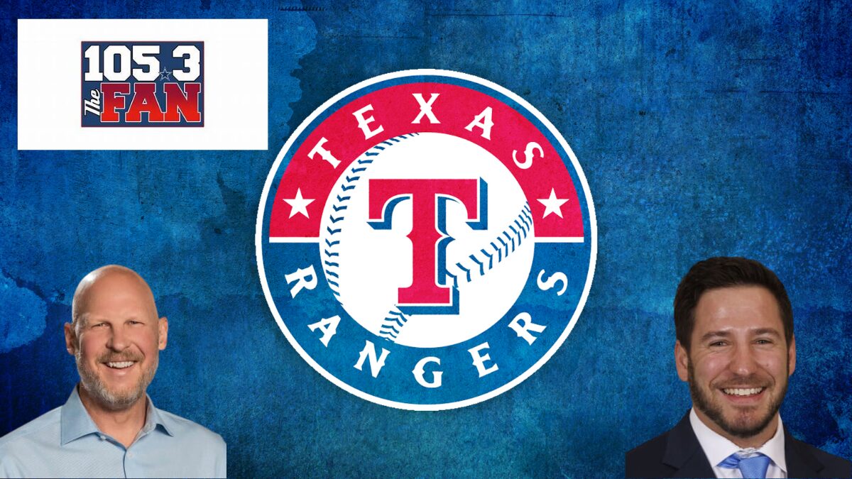 Texas Rangers logo, 105.3 The Fan logo with pictures of Mike Bacsik and Jared Sandler