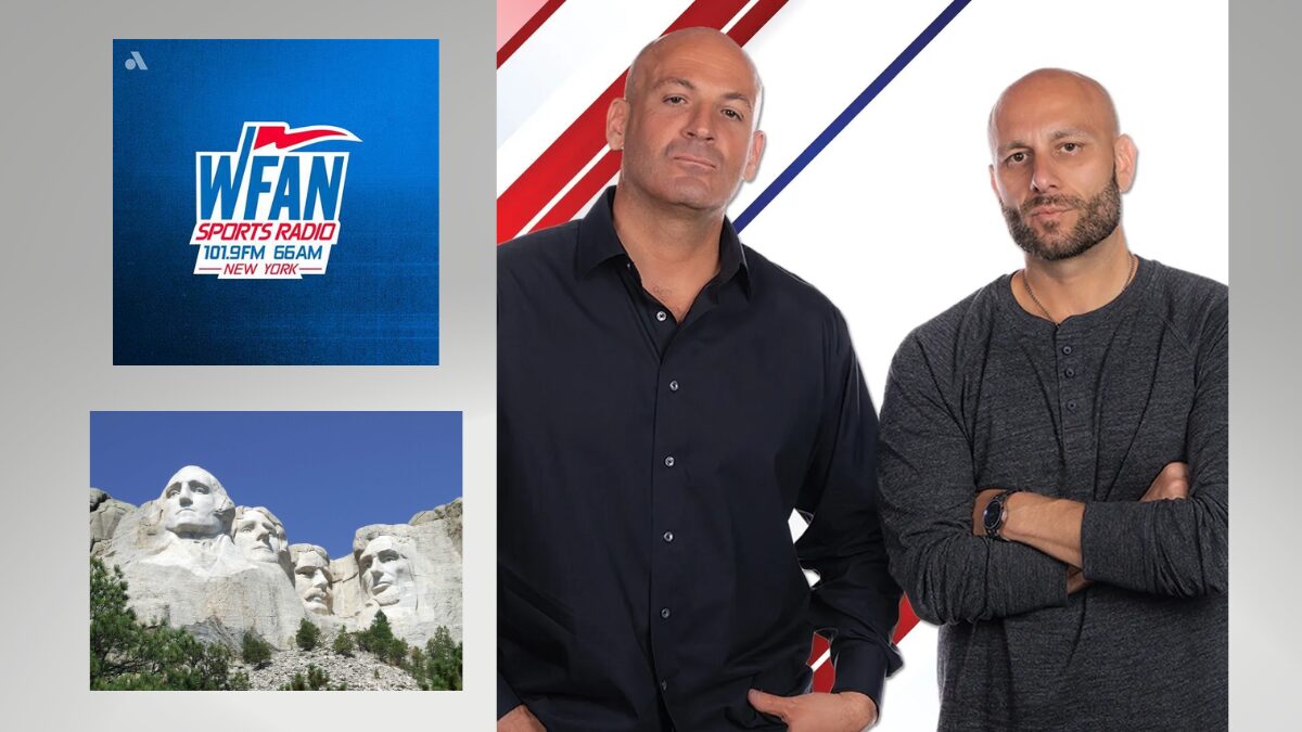 Photo of Brandon Tierney and Sal Licata along with a logo for WFAN and an image of Mt. Rushmore