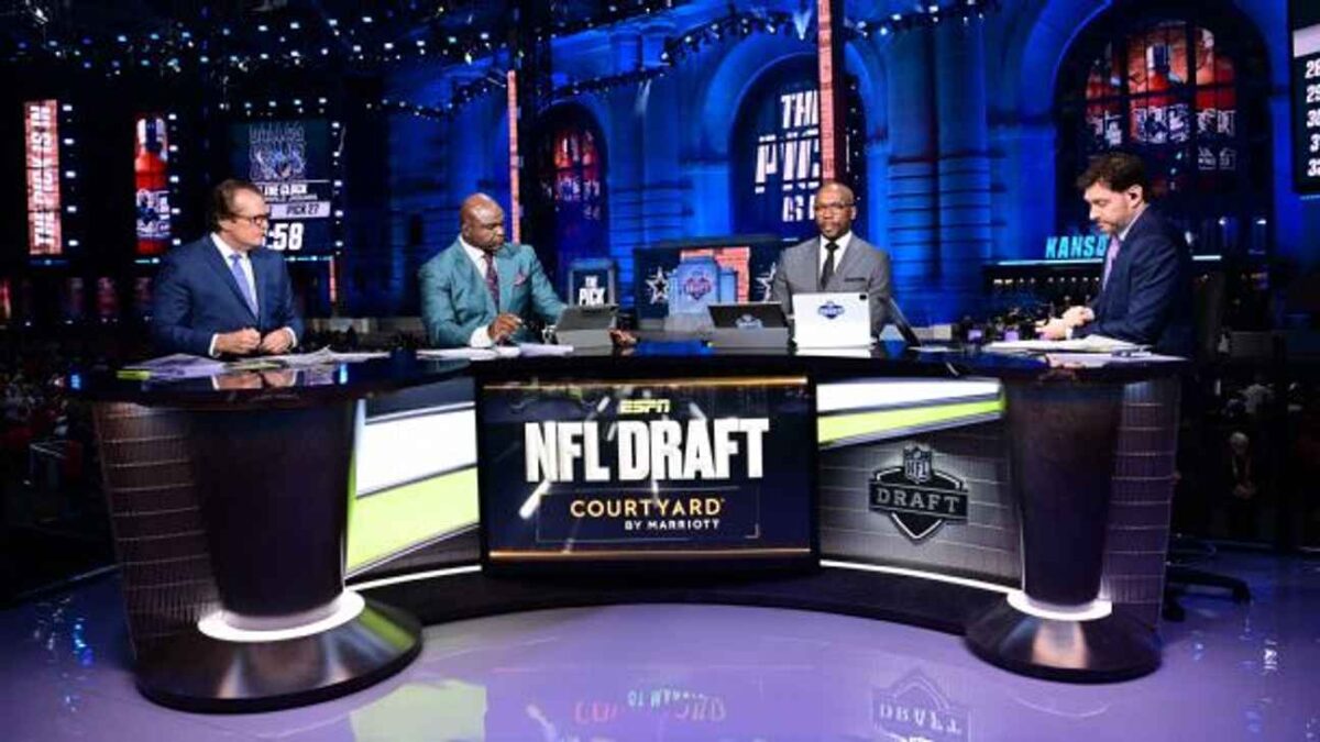 A photo of ESPN broadcasting from the NFL Draft