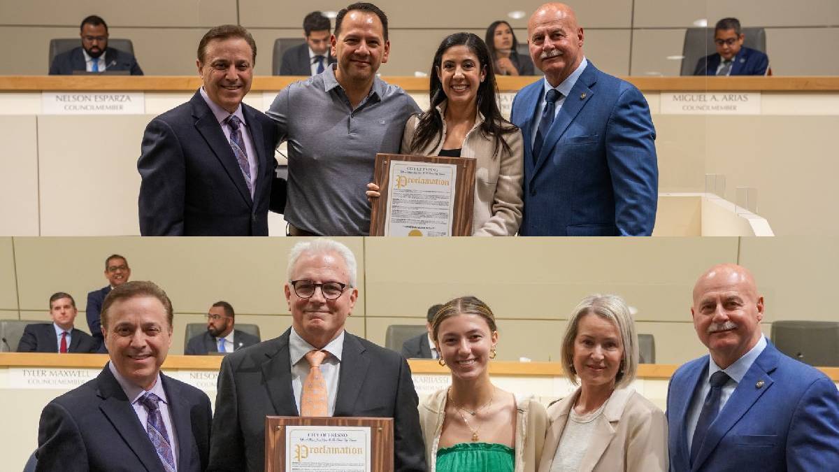 A photo of KMJ hosts Christopher Gabriel and Christina Musson being honored by the City of Fresno