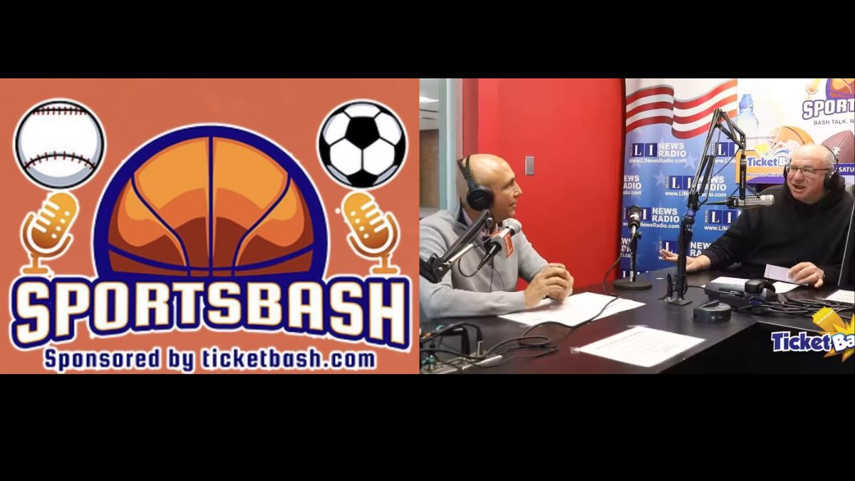 Logo for the SportsBash podcast and radio show along with a picture of hosts Peter Schwartz and Vincent Grieco