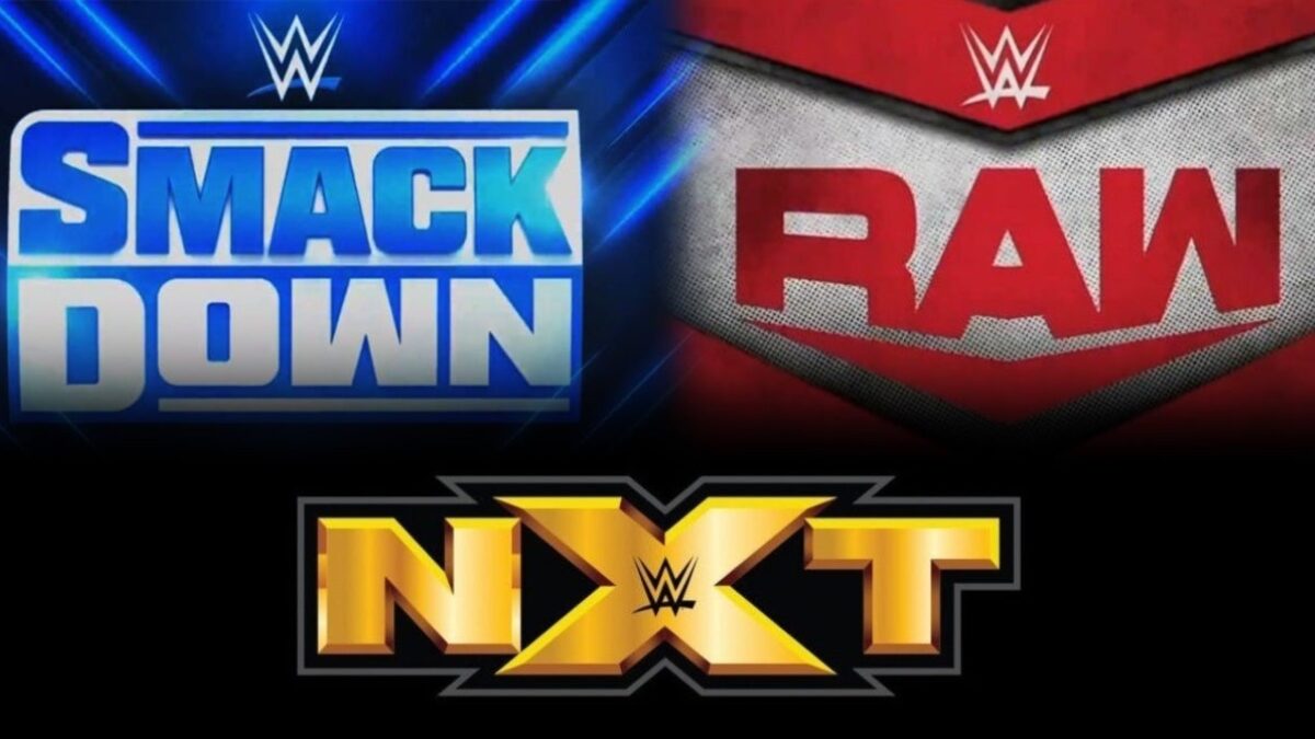 Logos for WWE shows Raw, SmackDown and NXT