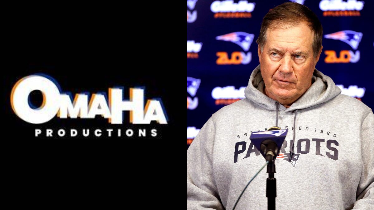 Logo for Omaha Productions and a photo of Bill Belichick