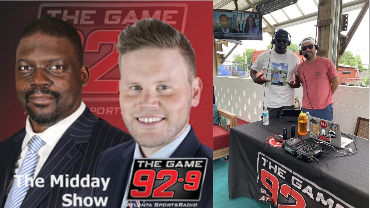 Graphic for Andy and Randy on 92.9 The Game and a picture of hosts Andy Bunker and Randy McMichael