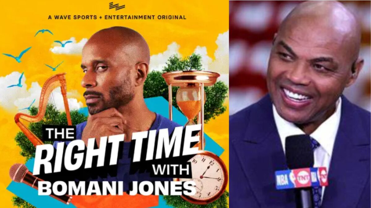 Graphic for The Right Time with Bomani Jones Podcast and a photo of Charles Barkley