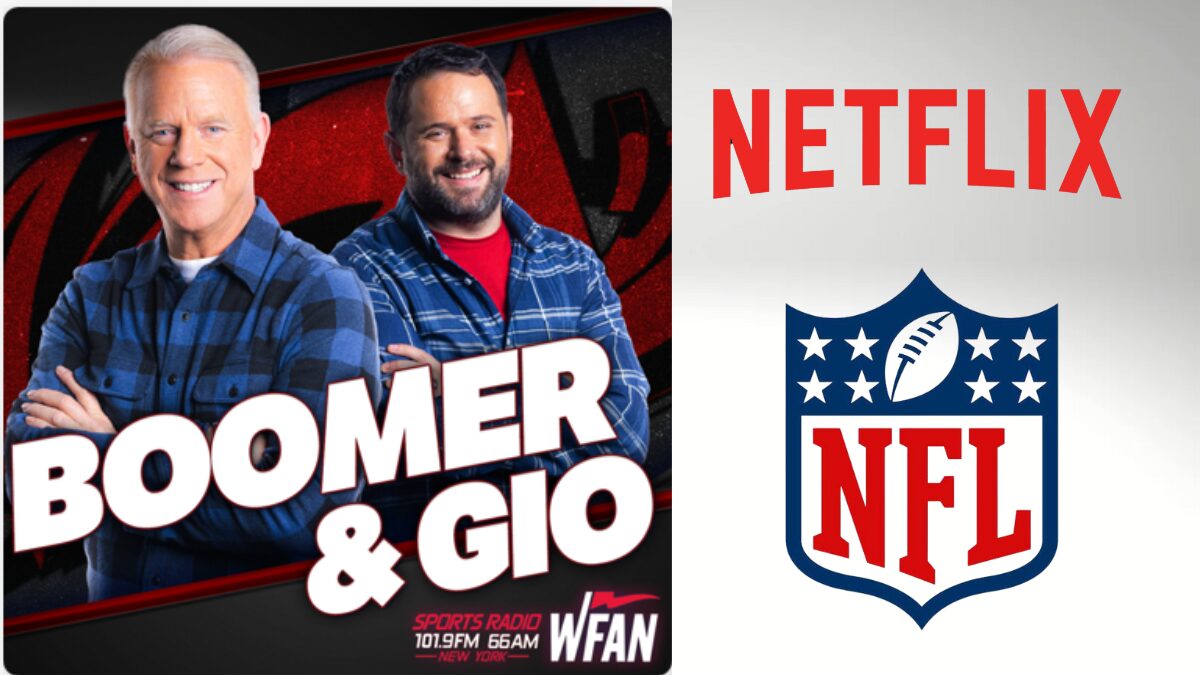 Graphic for the Boomer and Gio Show and logos for Netflix and the NFL