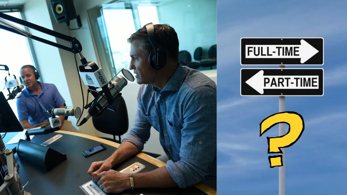 A photo of two sports radio hosts and a graphic showing full-time and part-time