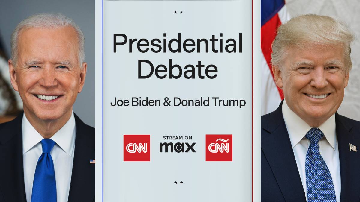 A photo of Donald Trump and Joe Biden and the CNN logo