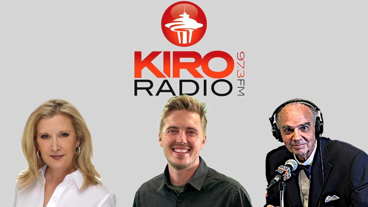 A photo of the KIRO logo and hosts from the station