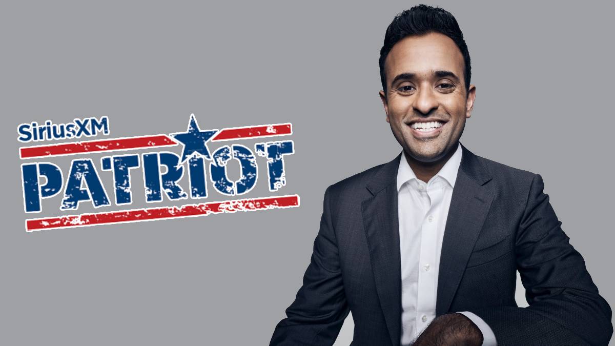 A photo of Vivek Ramaswamy and the SiriusXM Patriot logo