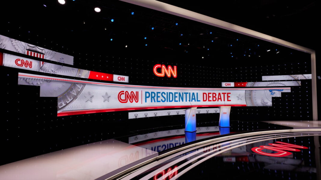 A photo of the debate stage at CNN's Atlanta studio