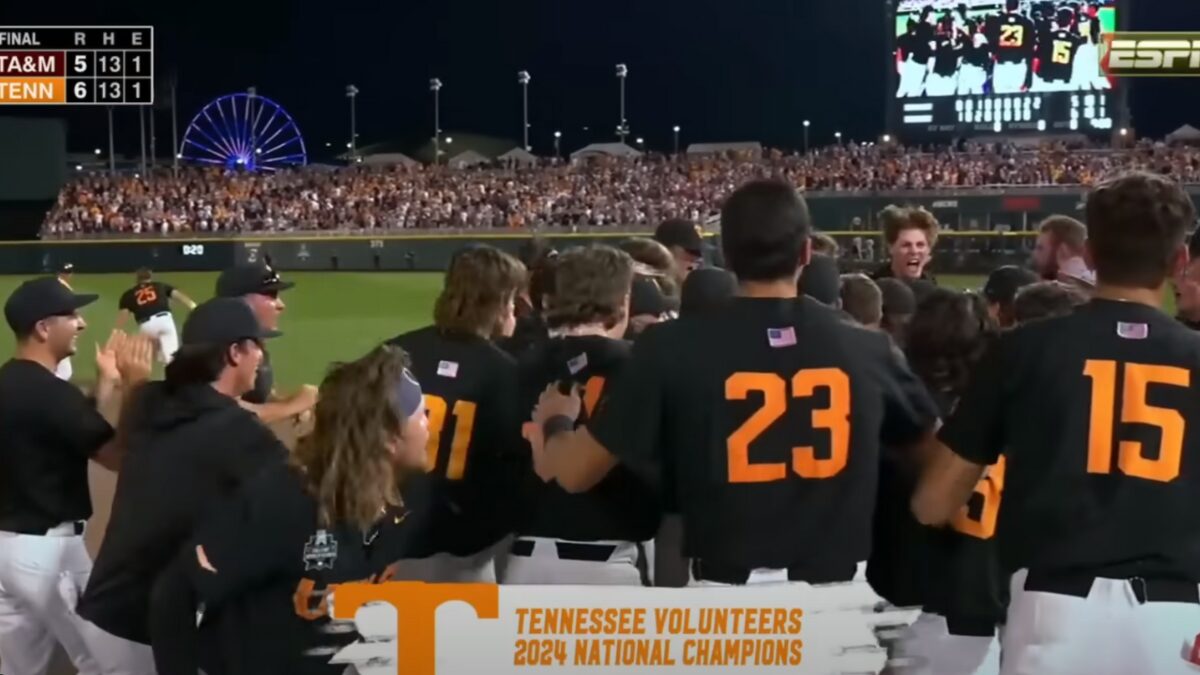 Screengrab of Tennessee winning the Men's College World Series on ESPN