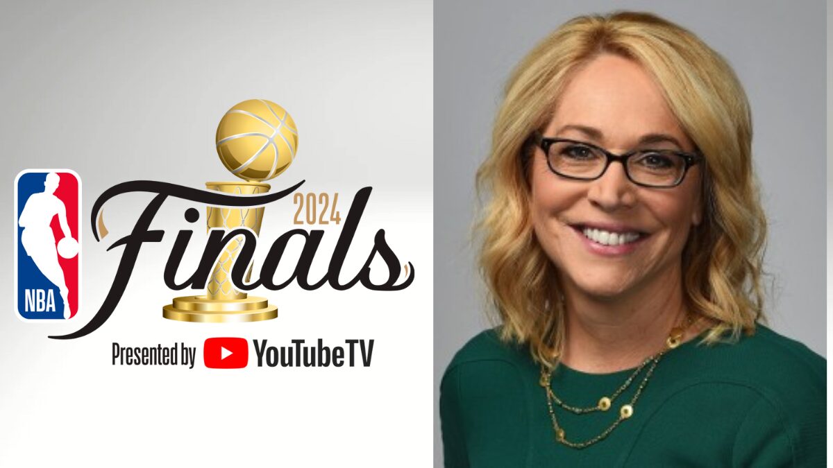 Logo for the NBA Finals and a photo of Doris Burke