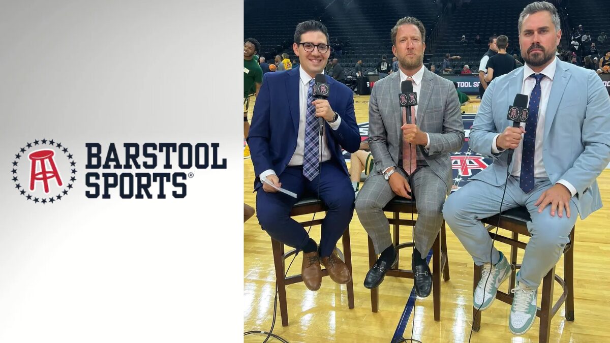 Logo for Barstool Sports and a photo of Jake Marsh, Dave Portnoy and Dan 'Big Cat' Katz