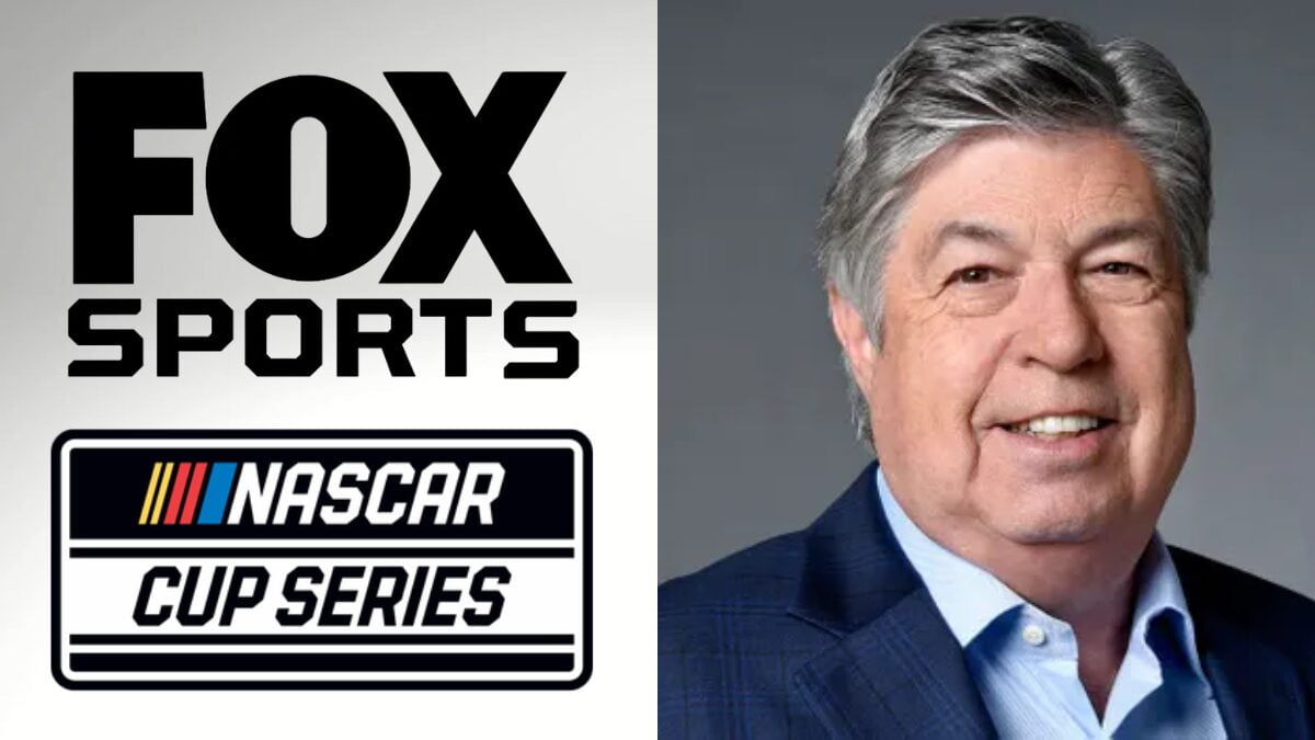 Logos for FOX Sports and the NASCAR Cup Series and a photo of Mike Joy