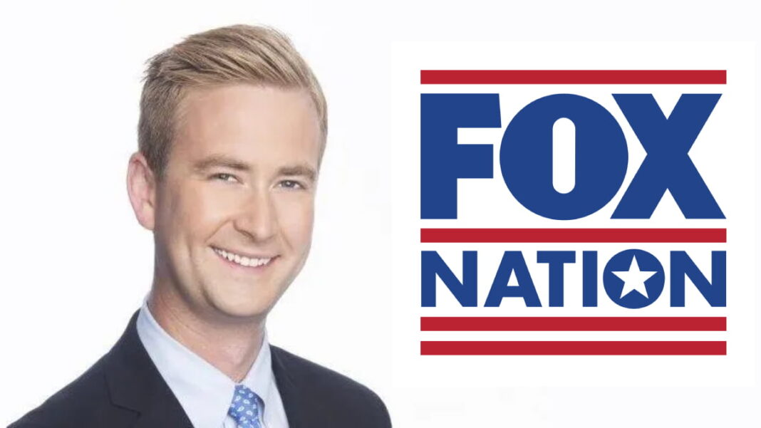 A photo of Peter Doocy and the FOX Nation logo