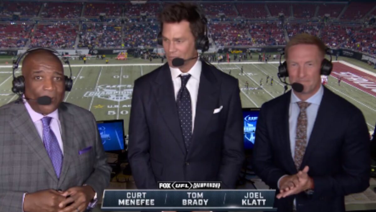 Screengrab from the UFL Championship game on FOX with Curt Menefee, Tom Brady and Joel Klatt