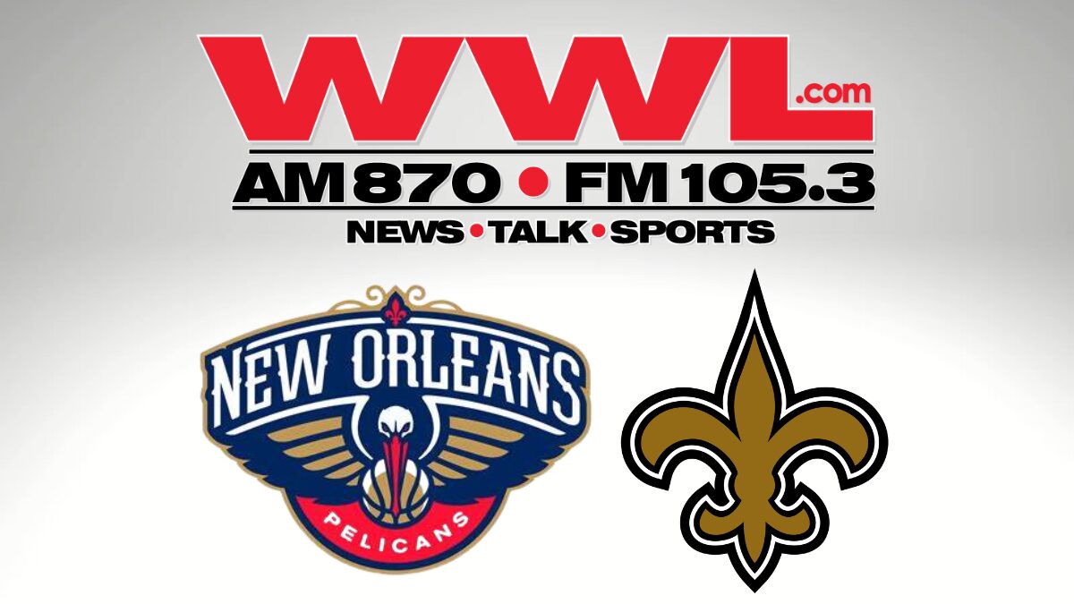 Logos for WWL Radio, the New Orleans Pelicans and the New Orleans Saints