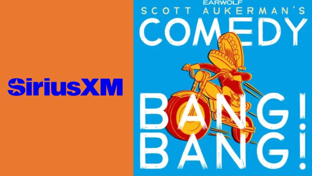 Logo for SiriusXM and a graphic for the Comedy Bang Bang podcast