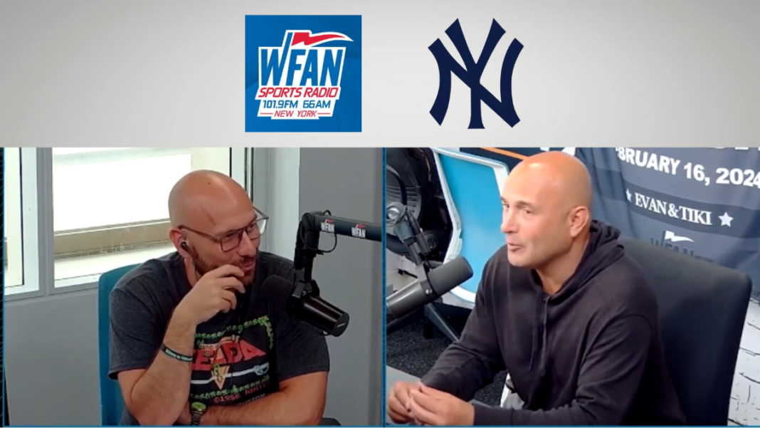 Logos for WFAN and the New York Yankees and a screengrab of Sal Licata talking with Craig Carton