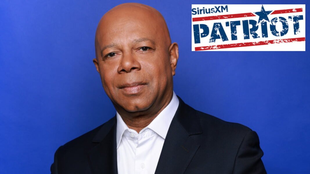 A photo of David Webb and the SiriusXM Patriot logo