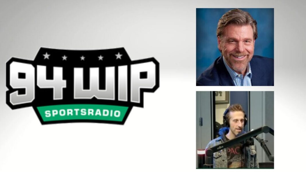 Logo for 94WIP and photos of Howard Eskin and Spike Eskin