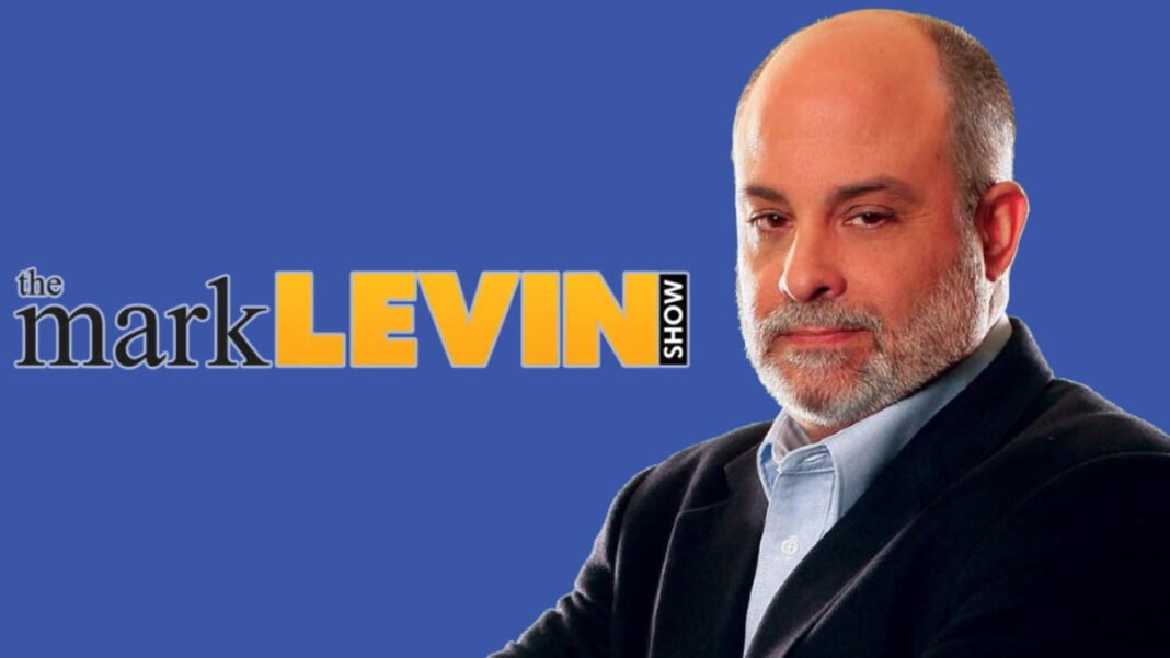 A photo of Mark Levin and his show logo