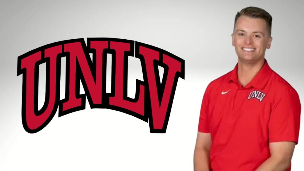 Logo for UNLV and a photo of Matt Neverett