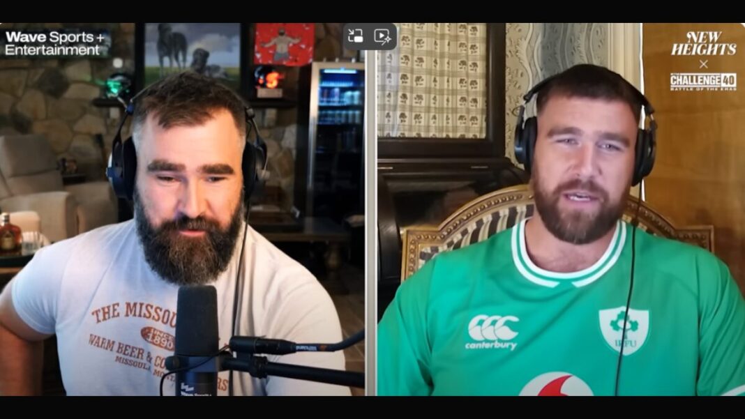 Screengrab from New Heights with Jason and Travis Kelce