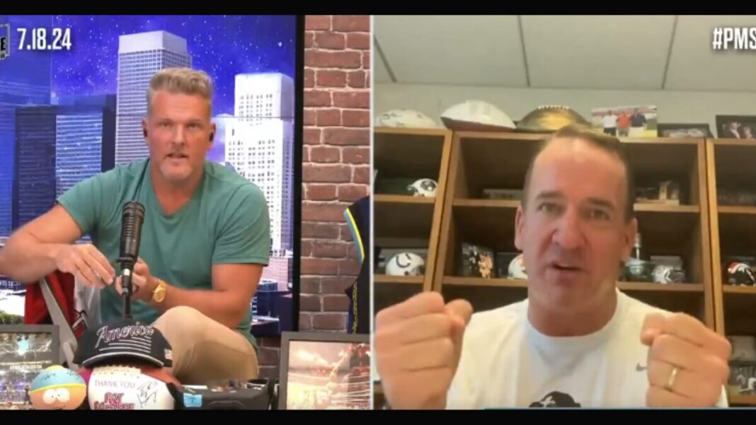 Screengrab of The Pat McAfee Show with guest Peyton Manning