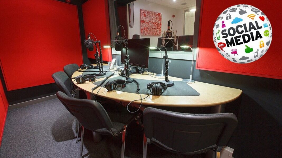 Picture of a radio studio with a graphic showing various social media platforms