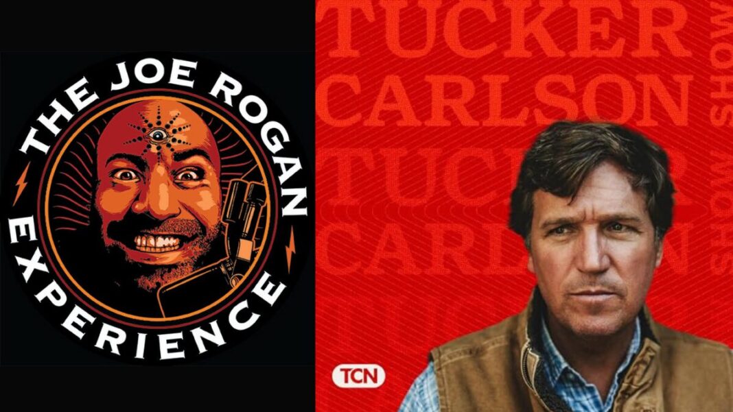 A photo of the podcast logos for The Joe Rogan Experience and The Tucker Carlson Show