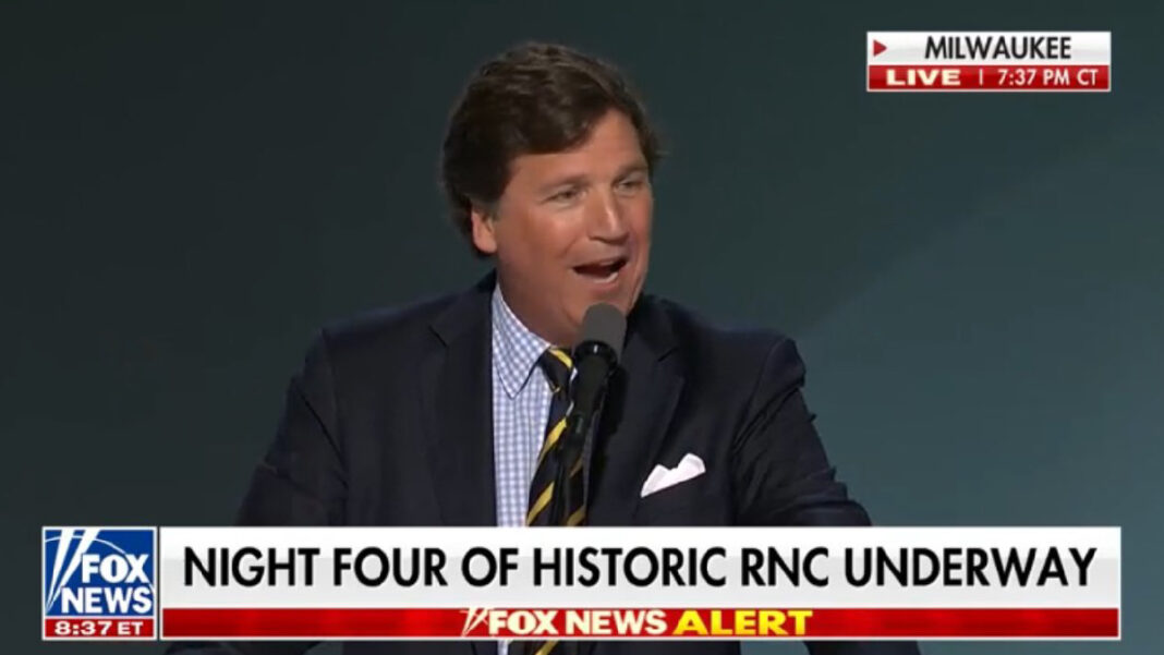 A photo of Tucker Carlson speaking on Fox News