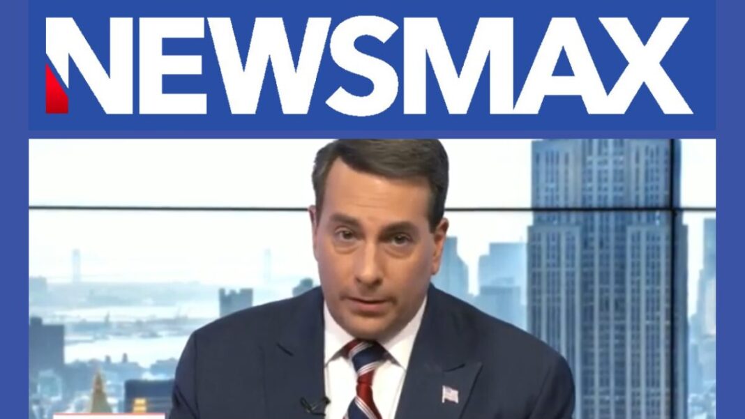 Logo for Newsmax and a screengrab of Tom Basile